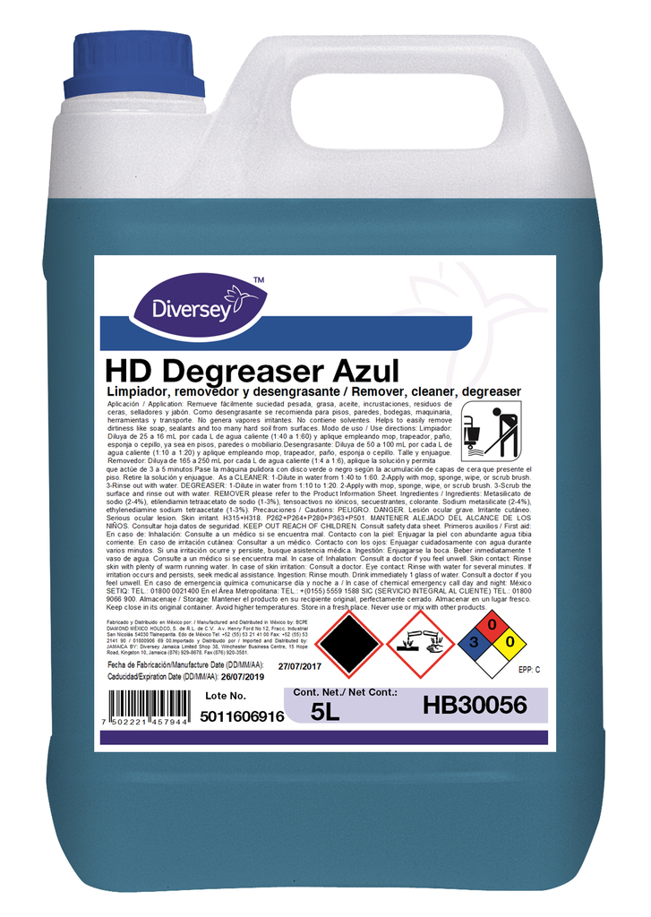 Limpiador Desengrasante HD Degreaser Azul 5 Lts C/ 4 pzs Diversey