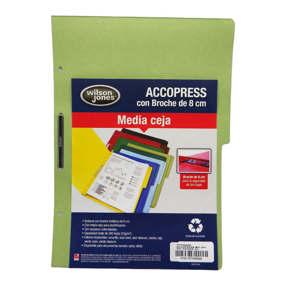 Folder Accopress C/ Broche T/ Oficio Verde Claro C/ 10 pzs Acco