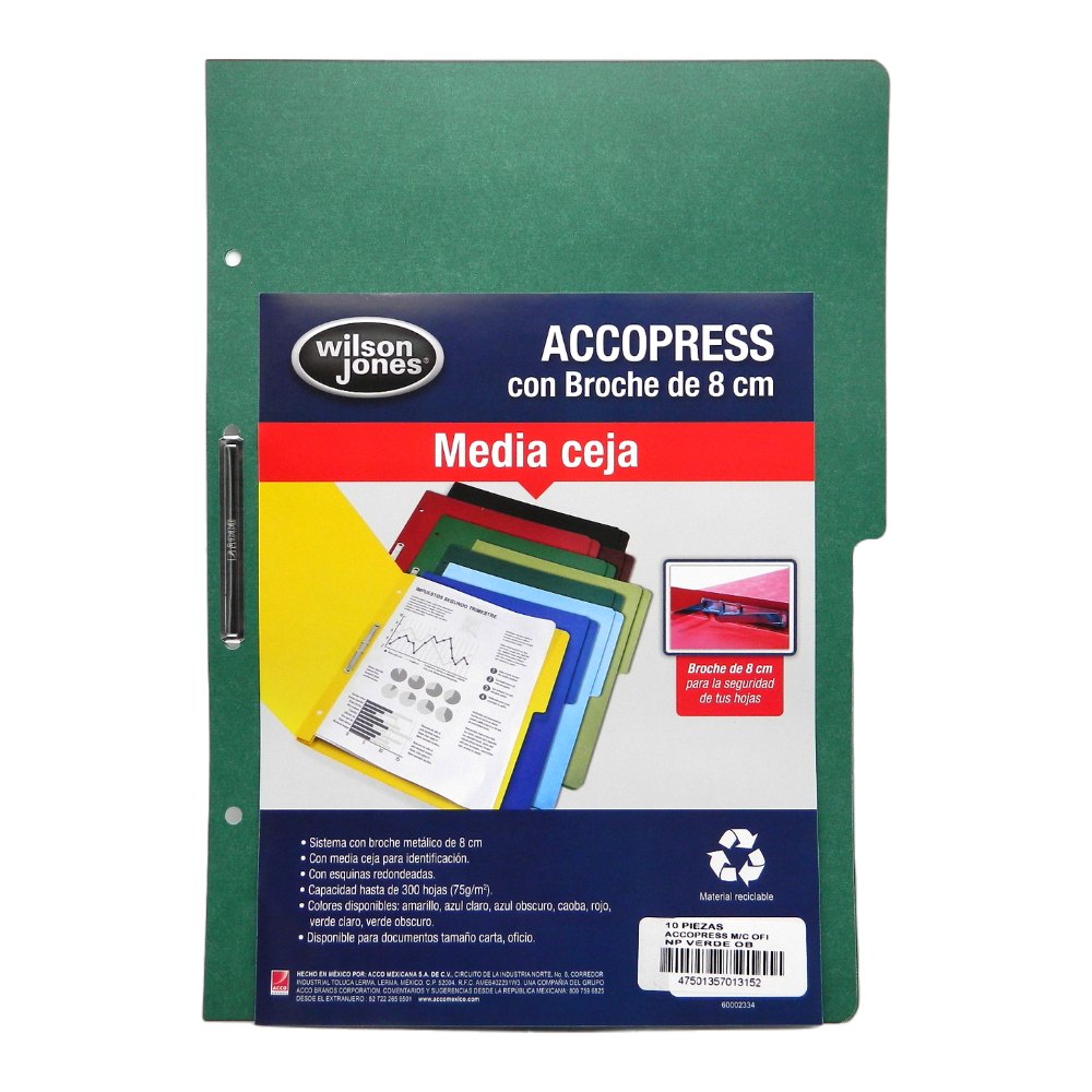 Folder Accopress C/ Broche T/ Oficio Verde Obscuro C/ 10 pzs Acco