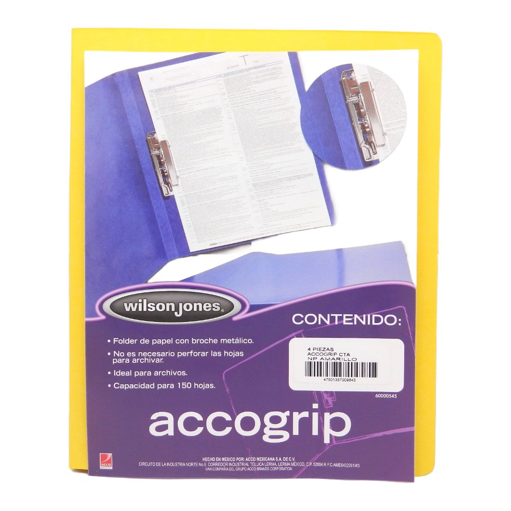 Folder Accogrip C/ Palanca T/ Carta Amarillo C/ 4 pzs Acco