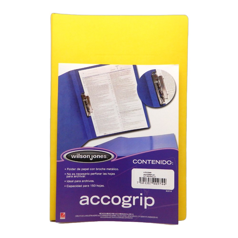 Folder Accogrip C/ Palanca T/ Oficio Amarillo C/ 4 pzs Acco