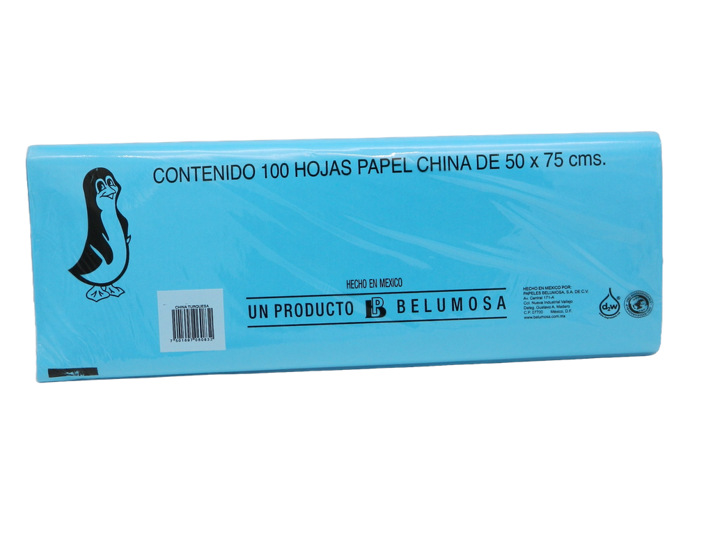 Papel China Pingüino 50x75 cms Azul Turquesa C/ 100 pzs Belumosa