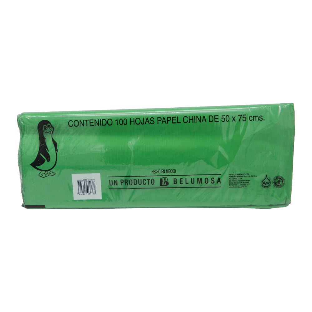 Papel China Pingüino 50x75 cms Verde Bandera C/ 100 pzs Belumosa