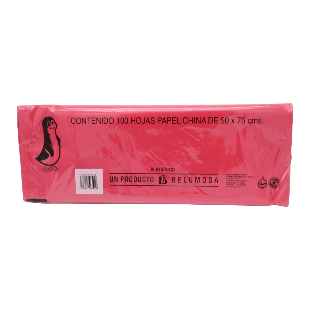 Papel China Pingüino 50x75 cms Rojo Navidad C/ 100 pzs Belumosa