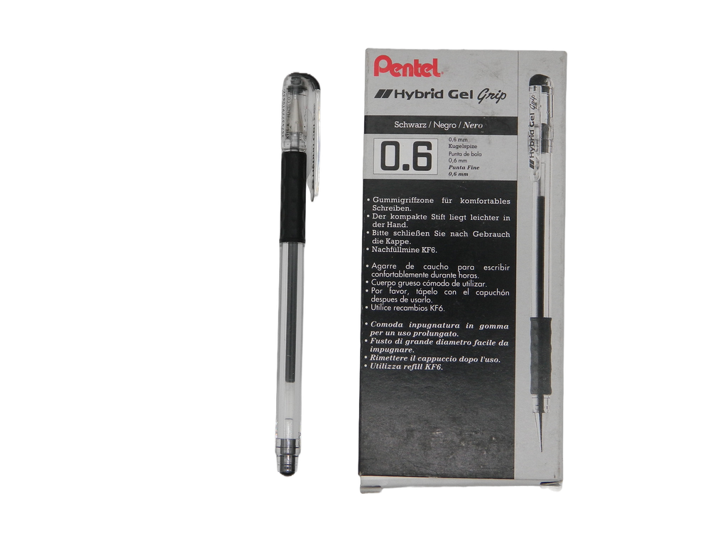 Pluma Hybrid Gel Grip 0.6 mm P/ Fino Negro C/ 12 pzs Pentel
