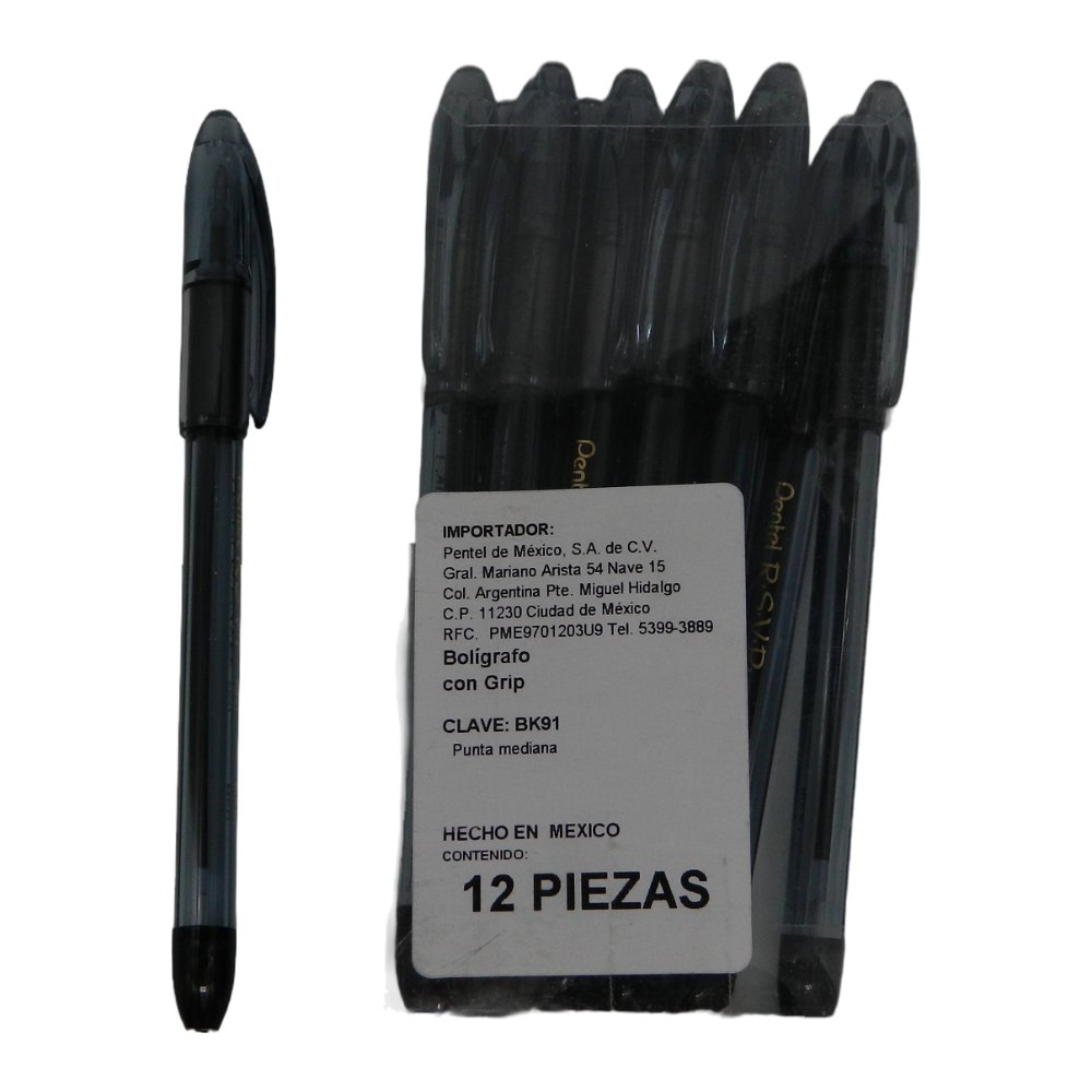 Pluma RSVP 1.0 mm P/ Mediano Negro C/ 12 pzs Pentel
