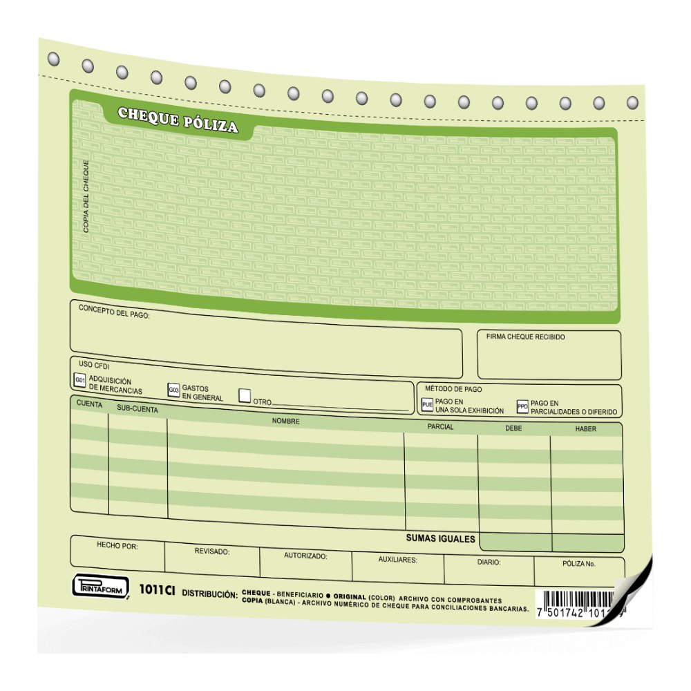 Poliza Cheque T/ 1/2 Oficio C/ Carbon C/ 20 juegos Printaform