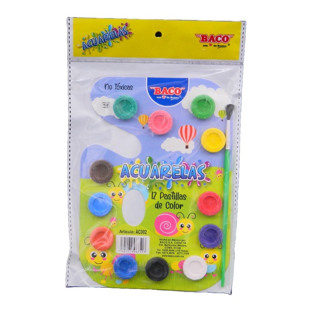 Acuarelas C/ 12 Colores C/ 10 pzs Baco