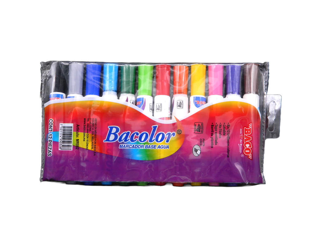 Marcador Base Agua Bacolor Surtido C/ 12 pzs Baco
