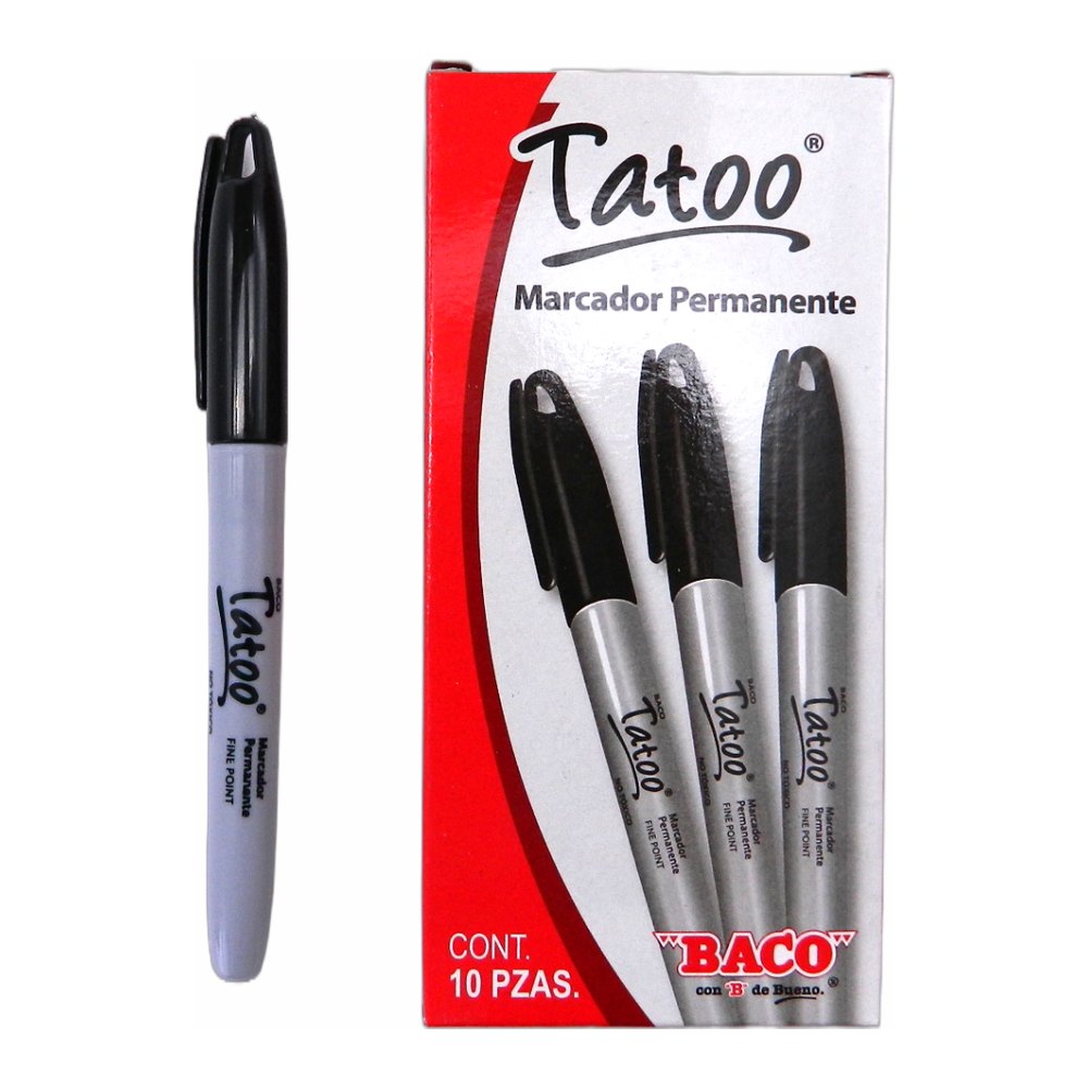 Marcador Permanente P/ Fino Tatoo Negro C/ 10 pzs Baco