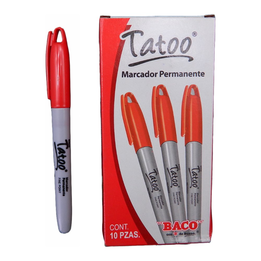 Marcador Permanente P/ Fino Tatoo Rojo C/ 10 pzs Baco
