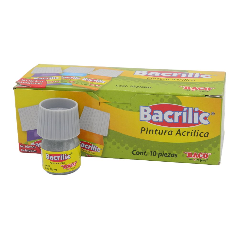 Pintura Acrilica Bacrilic 370 Plata Metalico 20 ml C/ 10 pzs Baco