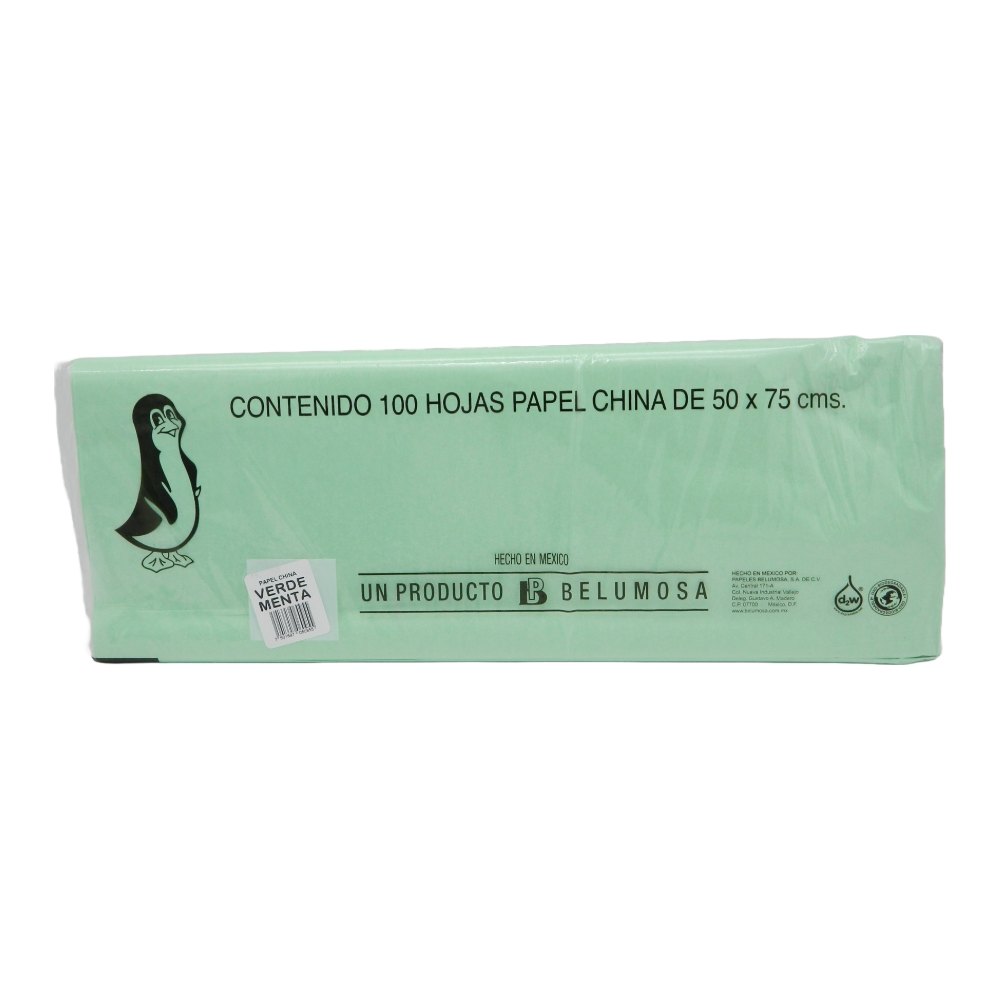 Papel China Pingüino 50x75 cms Verde Menta C/ 100 pzs Belumosa