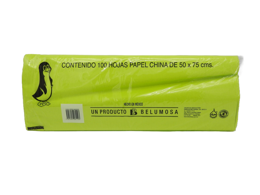 Papel China Pingüino 50x75 cms Verde Manzana C/ 100 pzs Belumosa