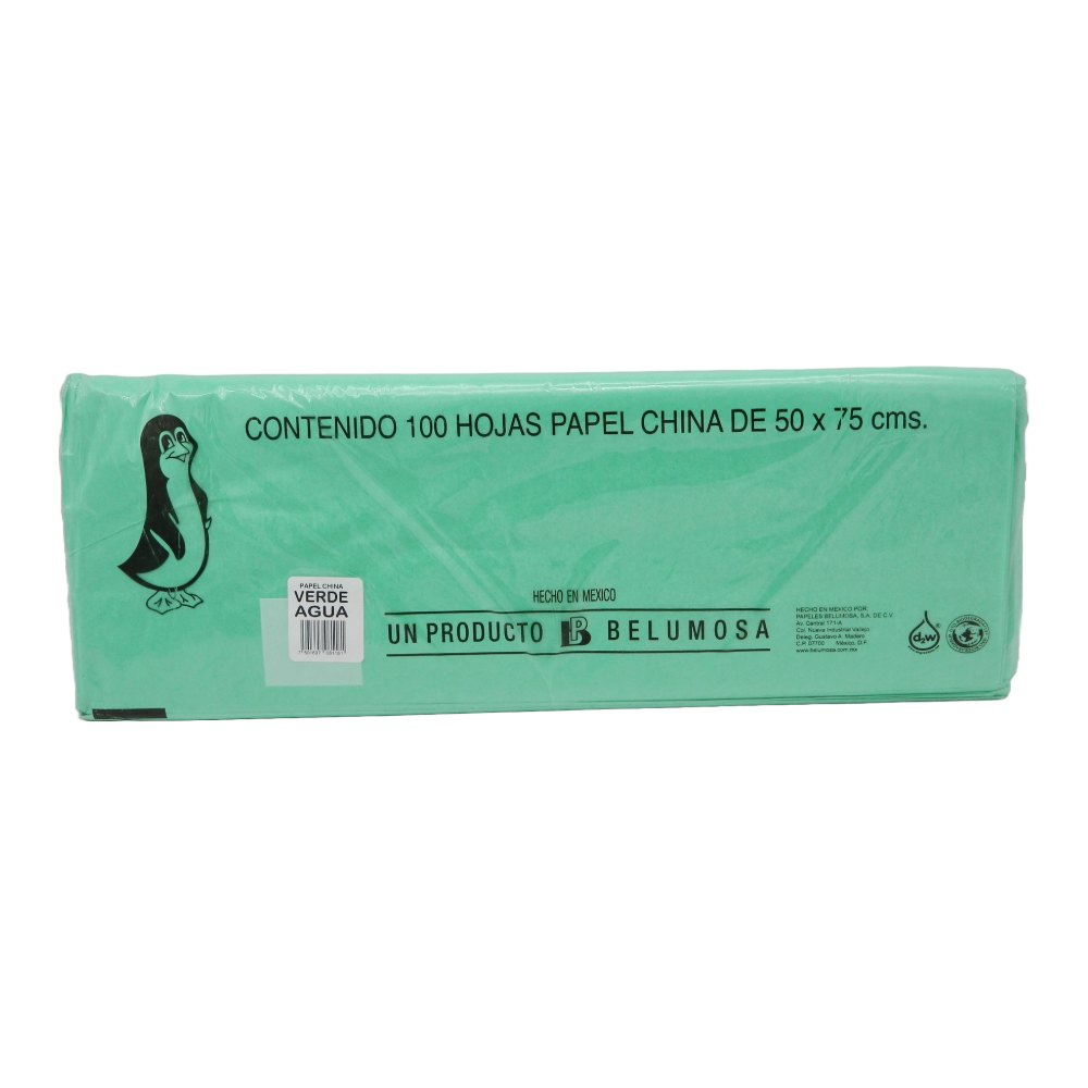 Papel China Pingüino 50x75 cms Verde Agua C/ 100 pzs Belumosa