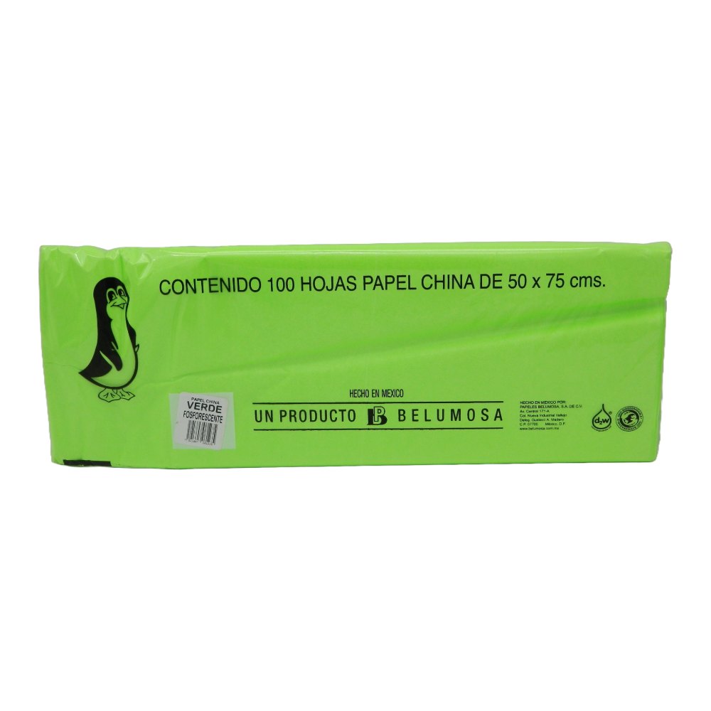 Papel China Pingüino 50x75 cms Verde Fosforescente C/ 100 pzs Belumosa