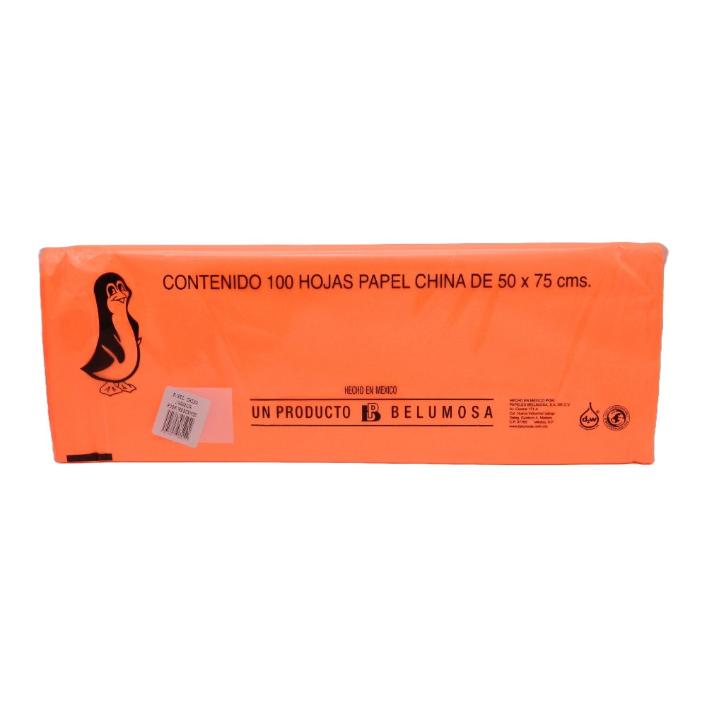 Papel China Pingüino 50x75 cms Naranja Fosforescente C/ 100 pzs Belumosa