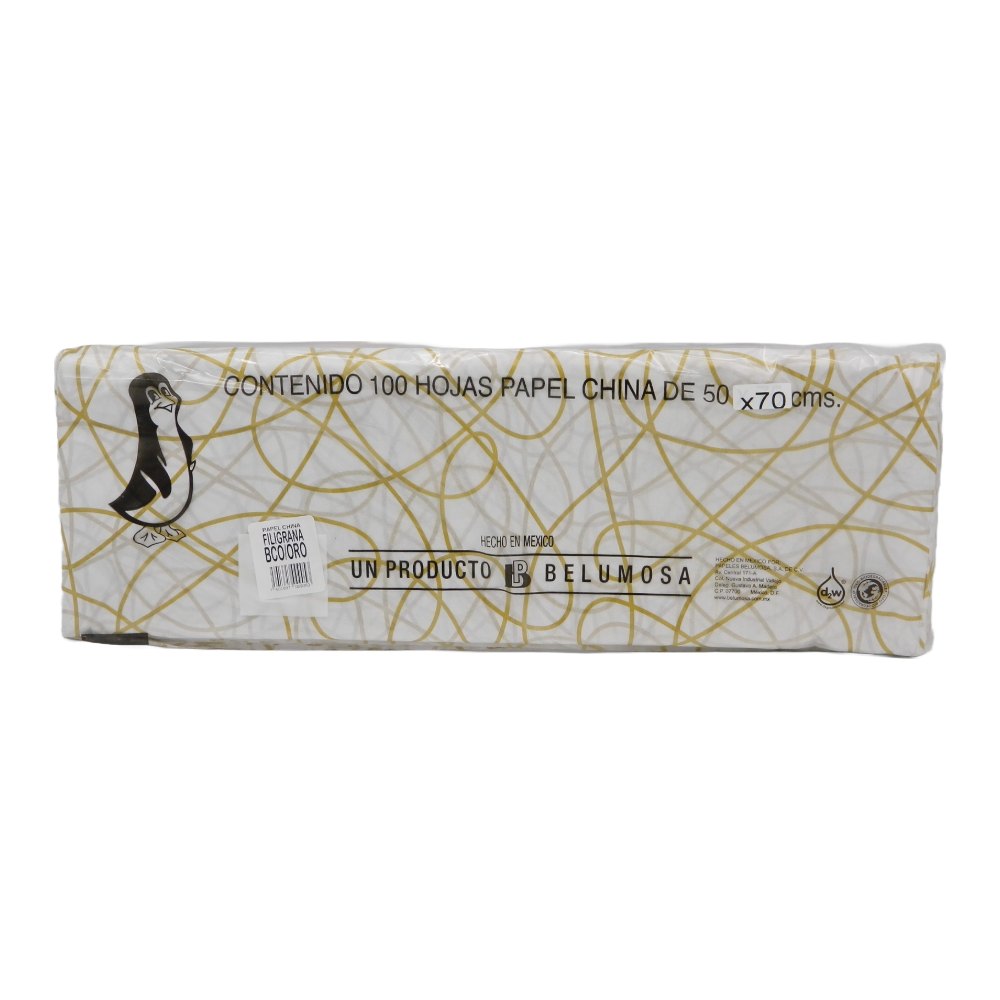 Papel China Pingüino 50x75 cms Filigrana Oro C/ 100 pzs Belumosa