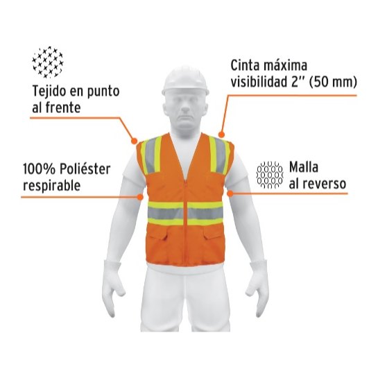 Chaleco C/ Cinta Doble 2" Maxima Visibilidad C/ Cierre y Bolsas Naranja 13475 Truper