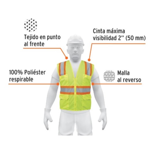 Chaleco C/ Cinta Doble 2" Maxima Visibilidad C/ Cierre y Bolsas Verde 13476 Truper