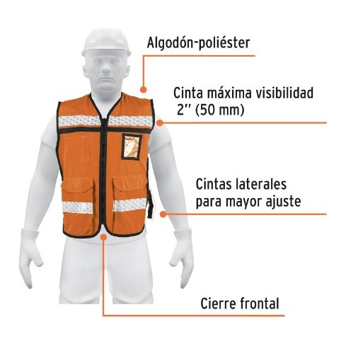 Chaleco Brigadista C/ Cinta Reflejante 2" Alta Visibilidad Naranja 14669 Truper