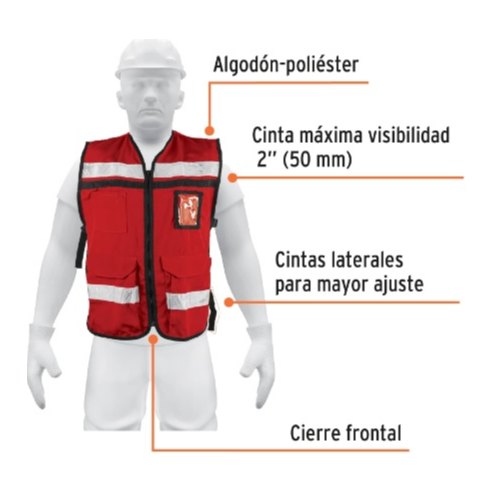 Chaleco Brigadista C/ Cinta Reflejante 2" Alta Visibilidad Rojo 14663 Truper