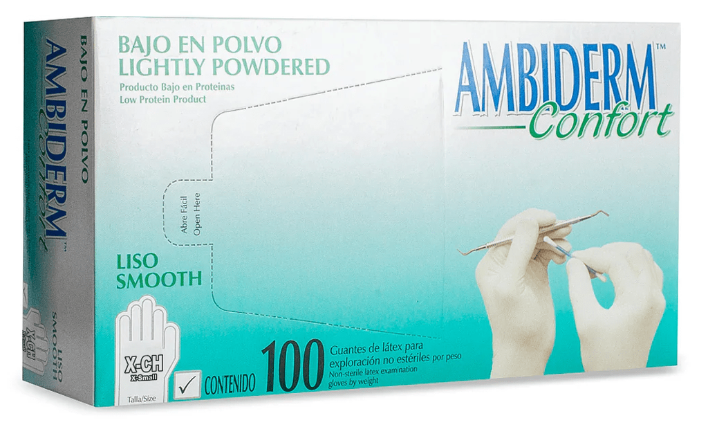 Guante Latex Confort Blanco Bajo en Polvo Extra Chico C/ 100 pzs Ambiderm