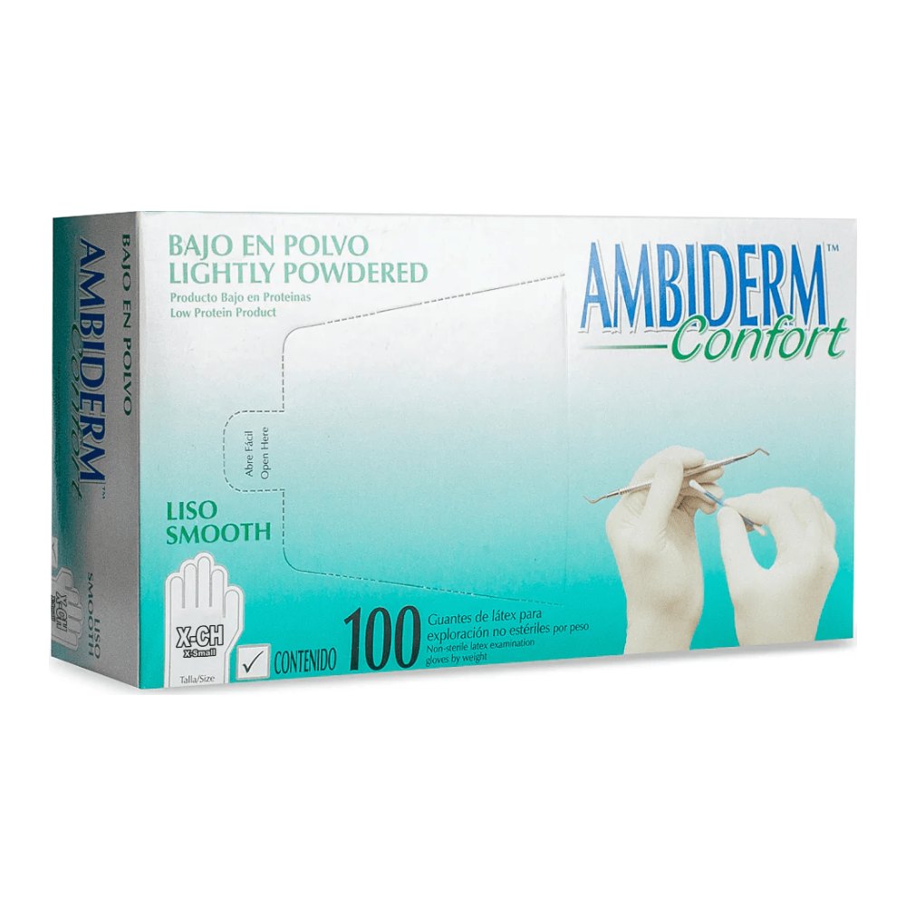 Guante Latex Confort Blanco Bajo en Polvo Extra Chico C/ 100 pzs Ambiderm