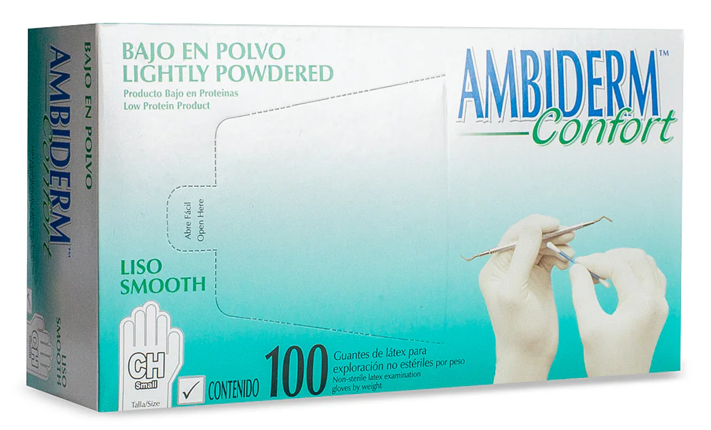 Guante Latex Confort Blanco Bajo en Polvo Chico C/ 100 pzs Ambiderm