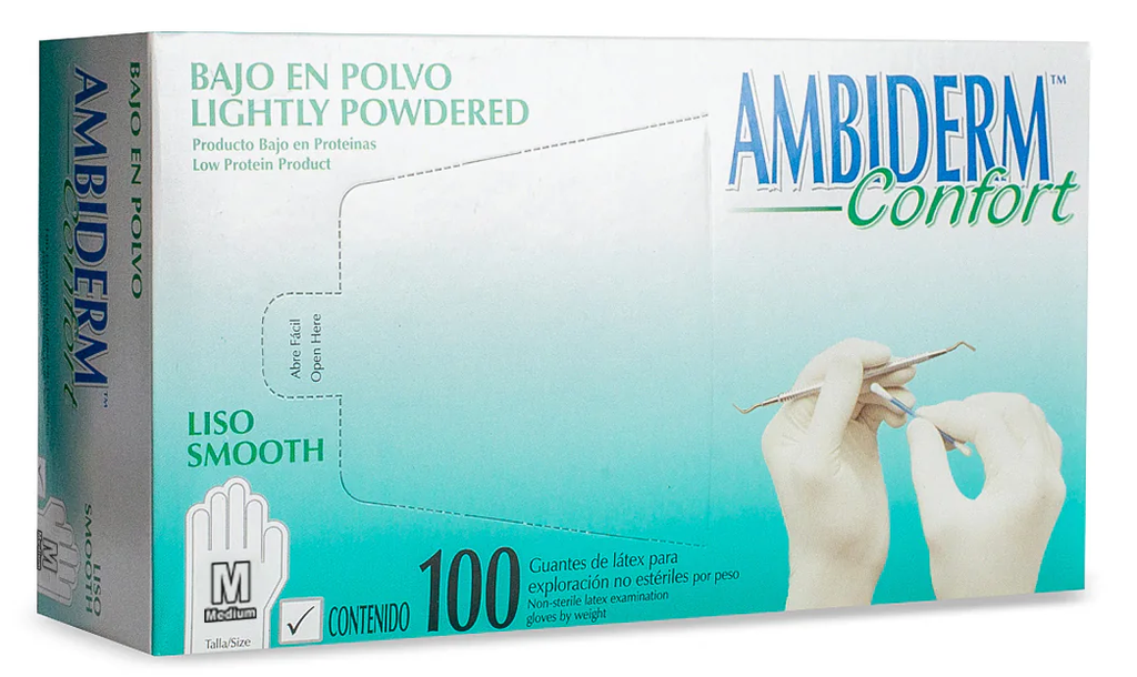 Guante Latex Confort Blanco Bajo en Polvo Mediano C/ 100 pzs Ambiderm