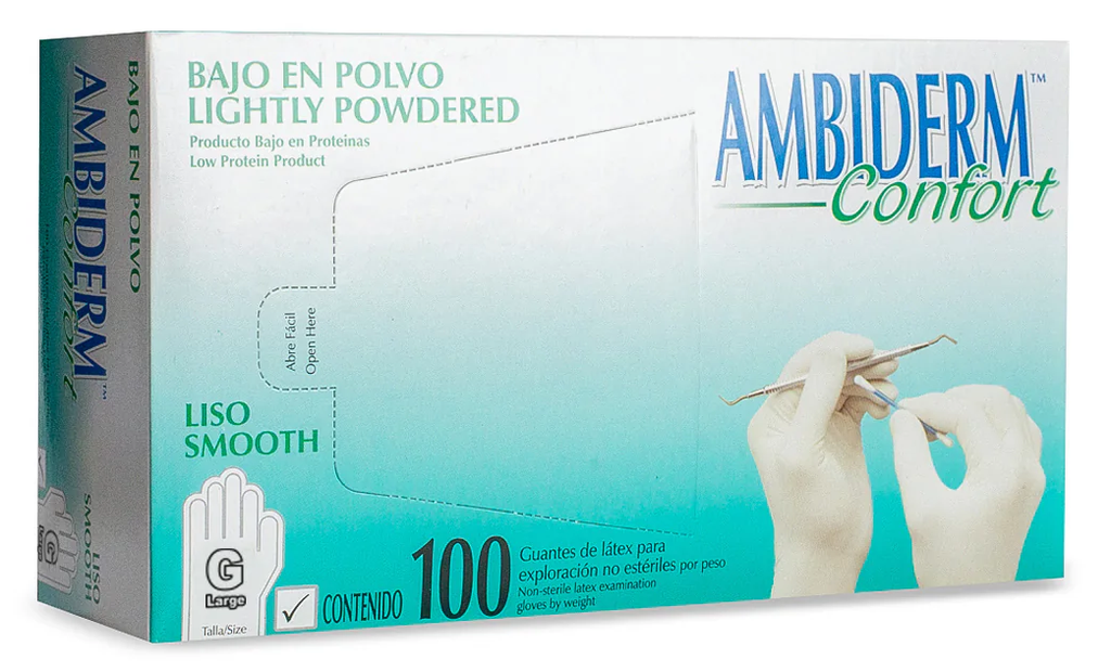 Guante Latex Confort Blanco Bajo en Polvo Grande C/ 100 pzs Ambiderm