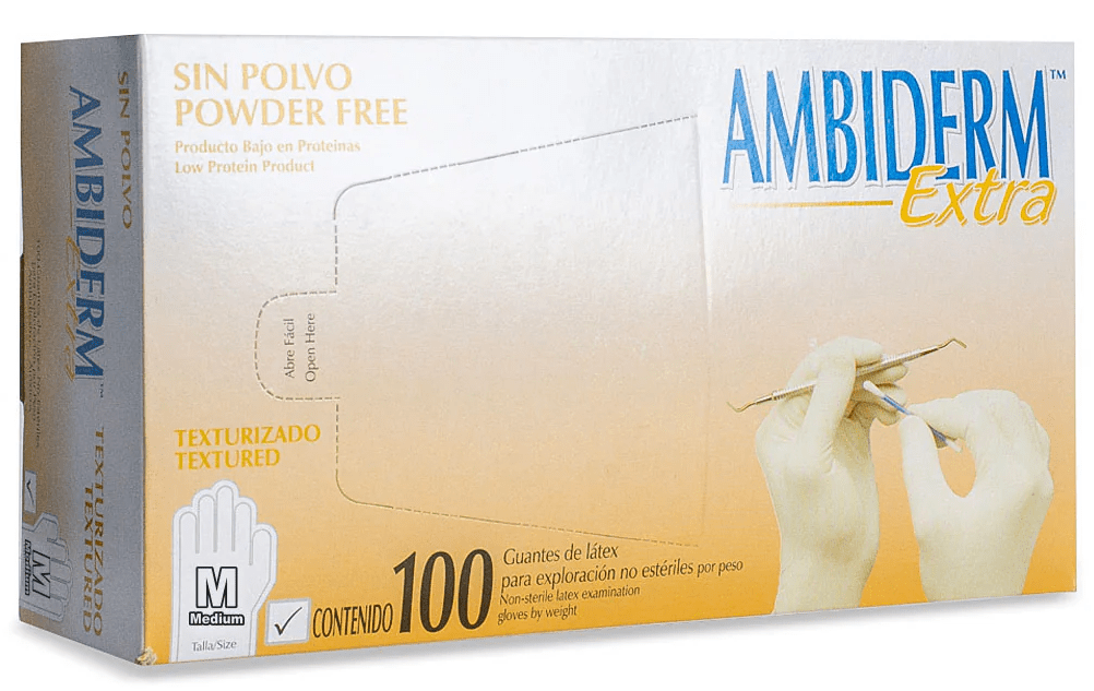 Guante Latex Extra Blanco Libre de Polvo Mediano C/ 100 pzs Ambiderm