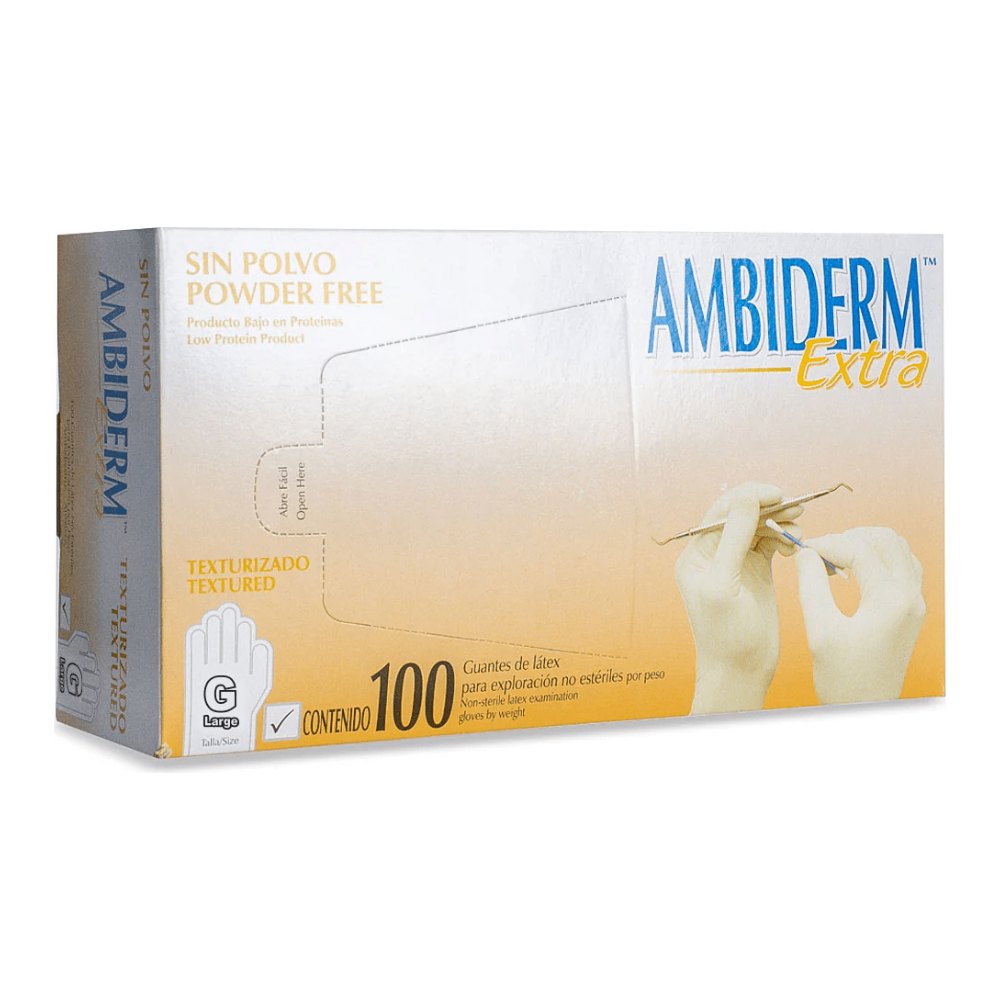Guante Latex Extra Blanco Libre de Polvo Grande C/ 100 pzs Ambiderm