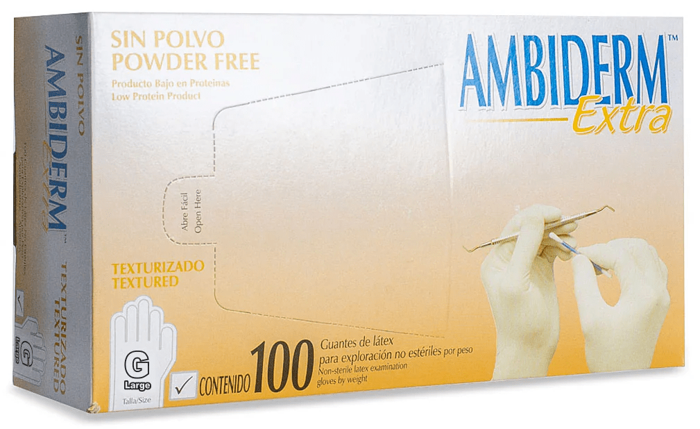 Guante Latex Extra Blanco Libre de Polvo Grande C/ 100 pzs Ambiderm