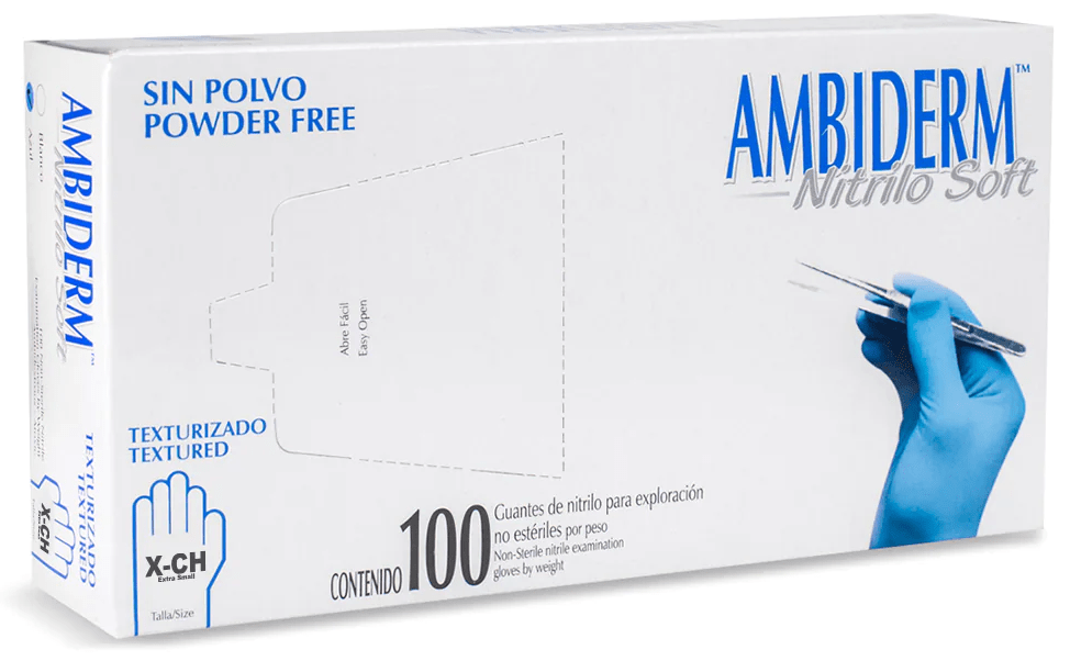 Guante Nitrilo Soft Azul Libre de Polvo Extra Chico C/ 100 pzs Ambiderm