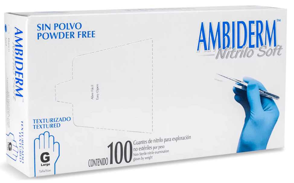 Guante Nitrilo Soft Azul Libre de Polvo Grande C/ 100 pzs Ambiderm