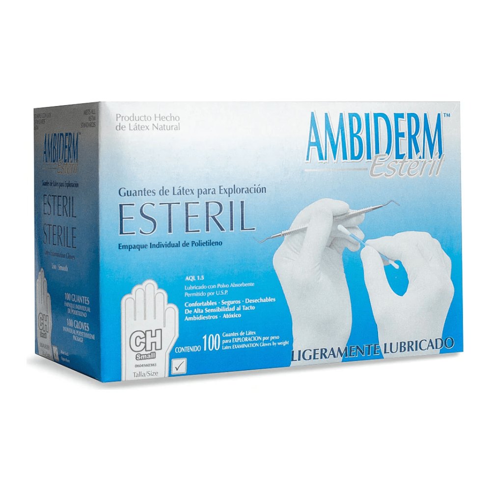 Guante Latex Esteril Exploracion Blanco Bajo en Polvo Chico C/ 100 pzs Ambiderm
