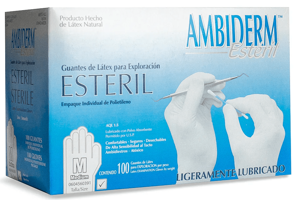 Guante Latex Esteril Exploracion Blanco Bajo en Polvo Mediano C/ 100 pzs Ambiderm