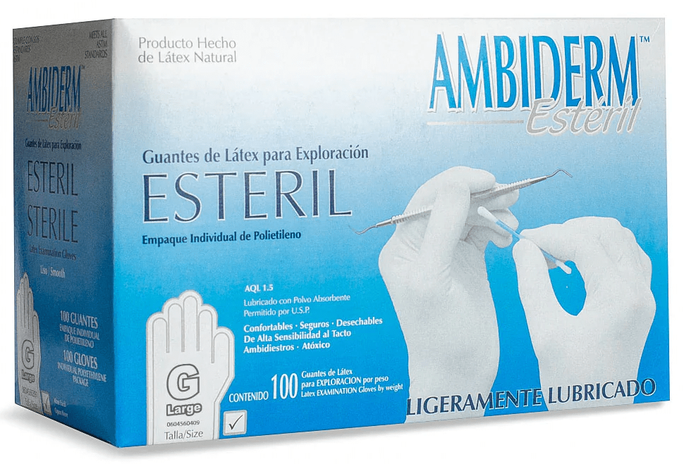 Guante Latex Esteril Exploracion Blanco Bajo en Polvo Grande C/ 100 pzs Ambiderm