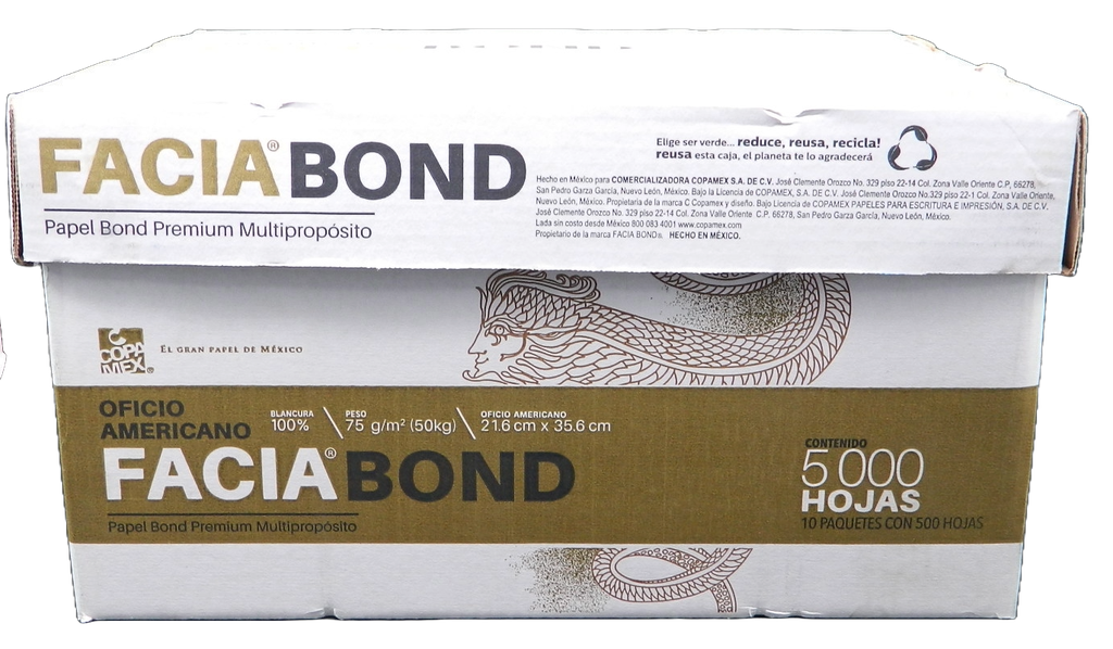 Papel Bond Facia T/ Oficio Americano Legal 99% Blancura 75 grs C/ 5,000 hjs