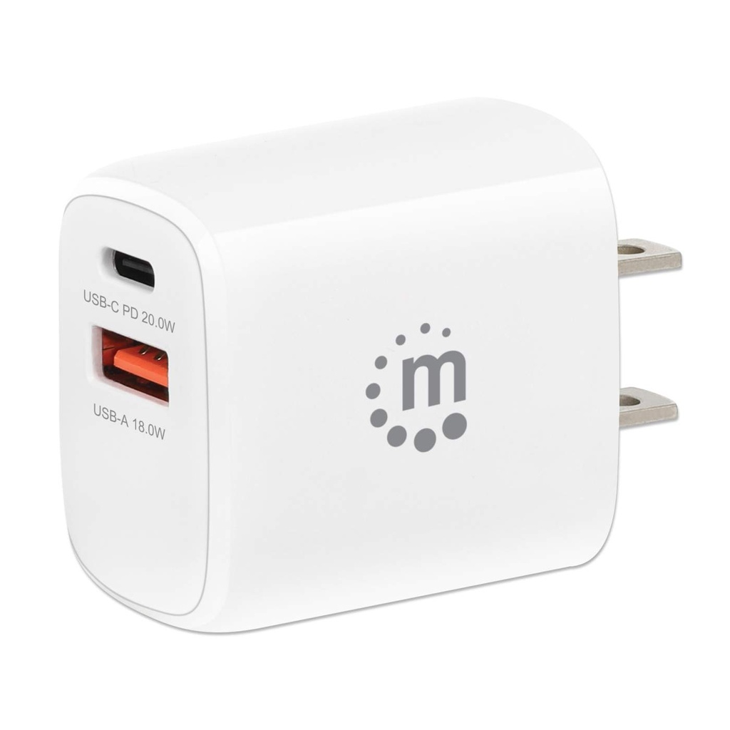 Cargador de Pared Manhattan USB-C PD 20W y USB-A QC 18W