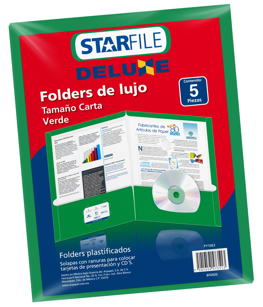 Folder Deluxe T/ Carta Verde C/ 5 pzs Arpapel