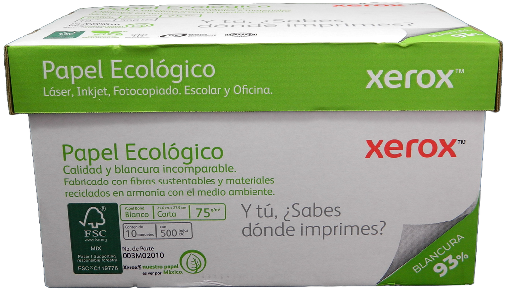 Papel Bond Xerox Ecologico T/ Carta 93% Blancura 75 grs C/ 5,000 hjs