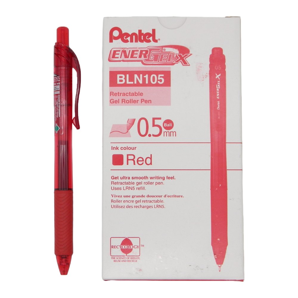Pluma Energel 0.5 mm P/ Fino Retractil Rojo C/ 12 pzs BLN105 Pentel