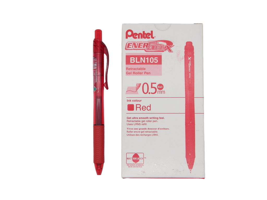 Pluma Energel 0.5 mm P/ Fino Retractil Rojo C/ 12 pzs BLN105 Pentel