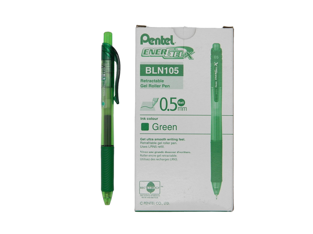 Pluma Energel 0.5 mm P/ Fino Retractil Verde C/ 12 pzs BLN105 Pentel