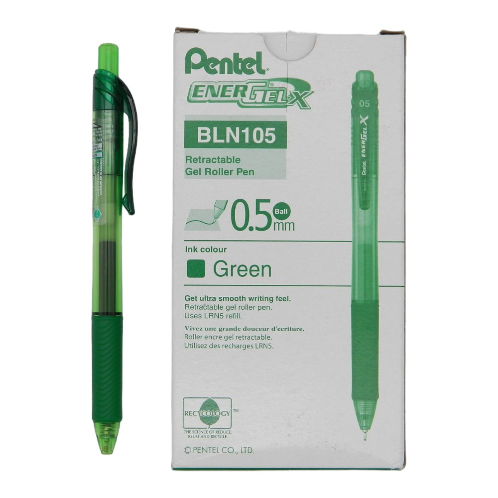 Pluma Energel 0.5 mm P/ Fino Retractil Verde C/ 12 pzs BLN105 Pentel