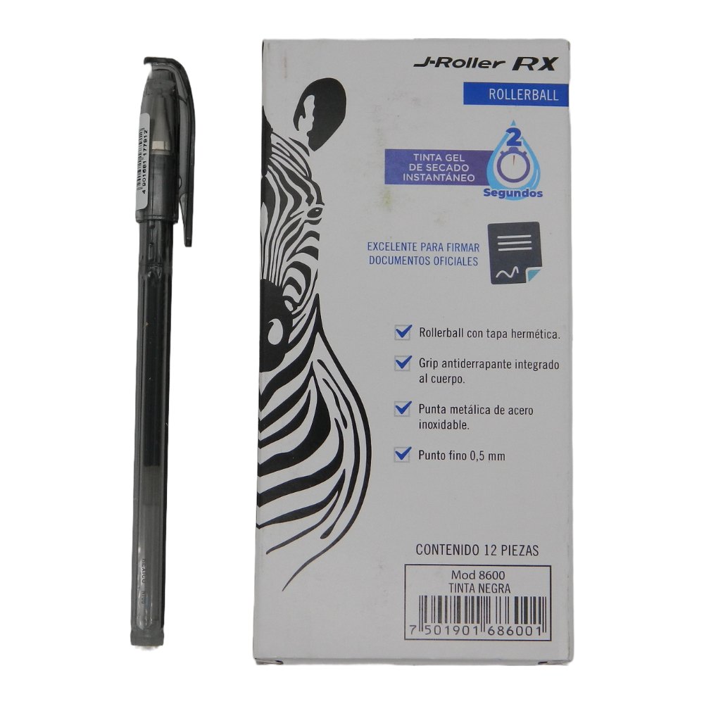 Pluma J Roller Gel  0.5 mm P/ Fino Negro C/ 12 pzs Zebra
