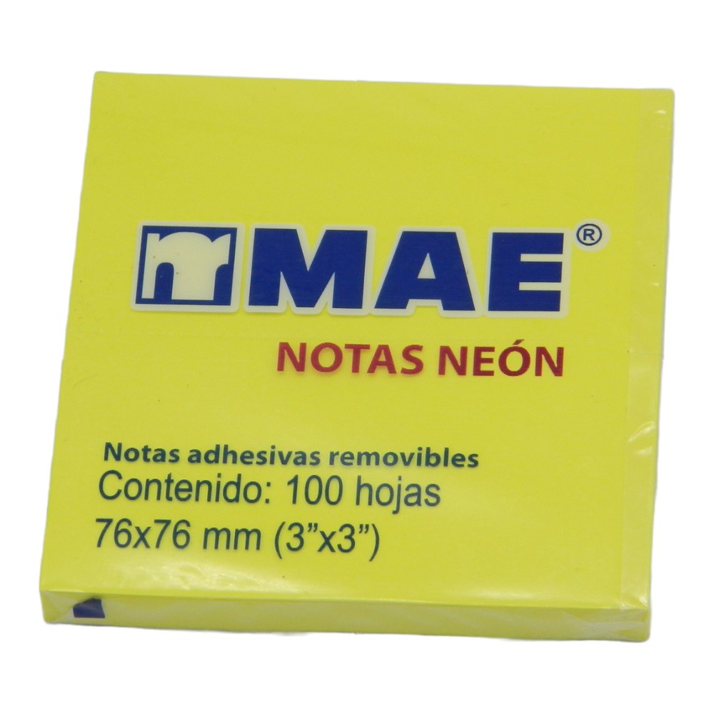 Notas Adhesivas Neon 3 x 3 Amarillo C/ 100 pzs Mae
