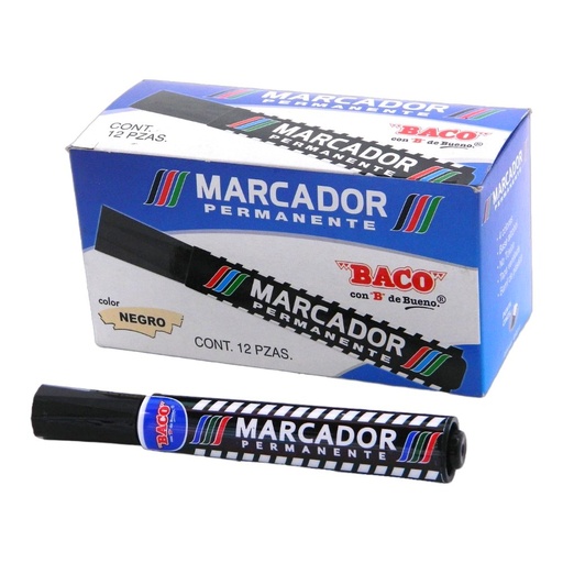 [003010] Marcador Permanente Plastico Negro C/ 12 pzs Baco